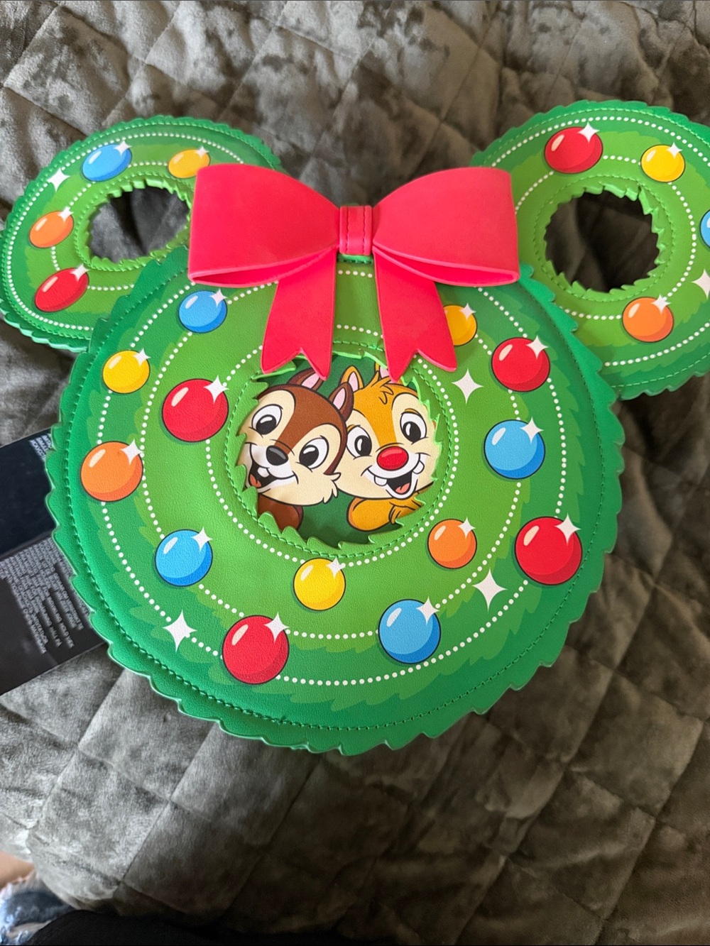 Loungefly Green Chip 'n' Dale Wreath Crossbody Bag with Red Bow